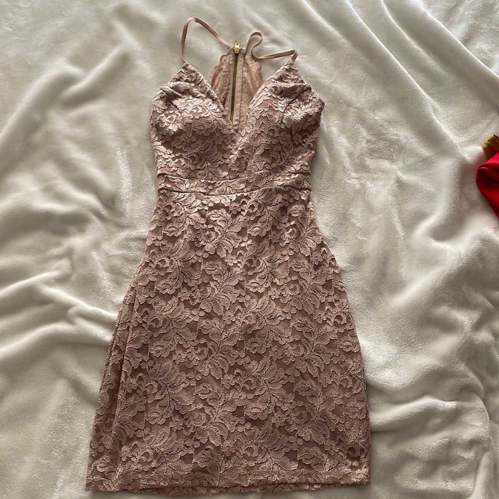 Mauve glitter lace mini dress with zip closure